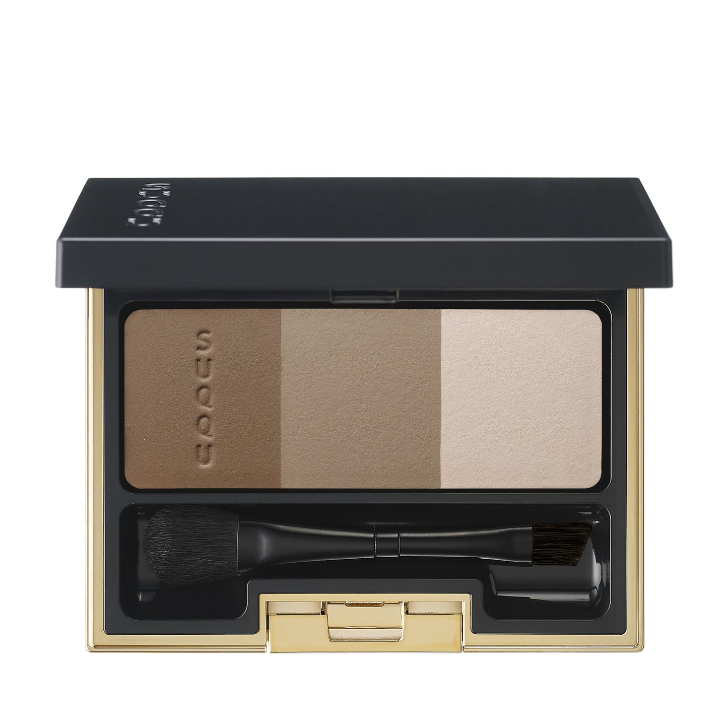 SUQQU 3D Control Eyebrow 03 Khaki Brown, Light Khaki and Beige tri-colour Japanese luxury eyebrow make up product palette open on plain background.