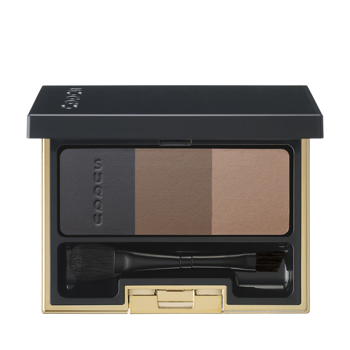 SUQQU 3D Control Eyebrow 04 Navy, Brown and Biscuit tri-colour Japanese luxury eyebrow make up product palette open on plain background.