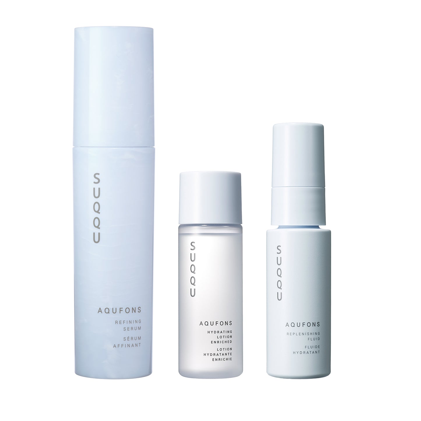 SUQQU Aqufons The Kit - Three Aqufons skincare range products lined up