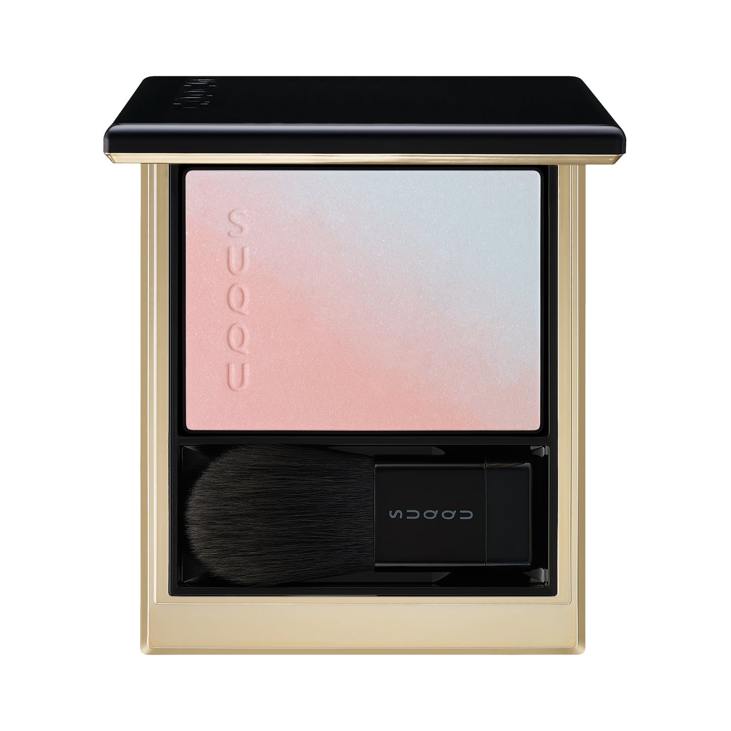 SUQQU Blurring Color Blush 08 palette open with gorgeous light coral pink blusher and blue highlighter. The best quality creamy powder blusher makeup palettes from Japan.