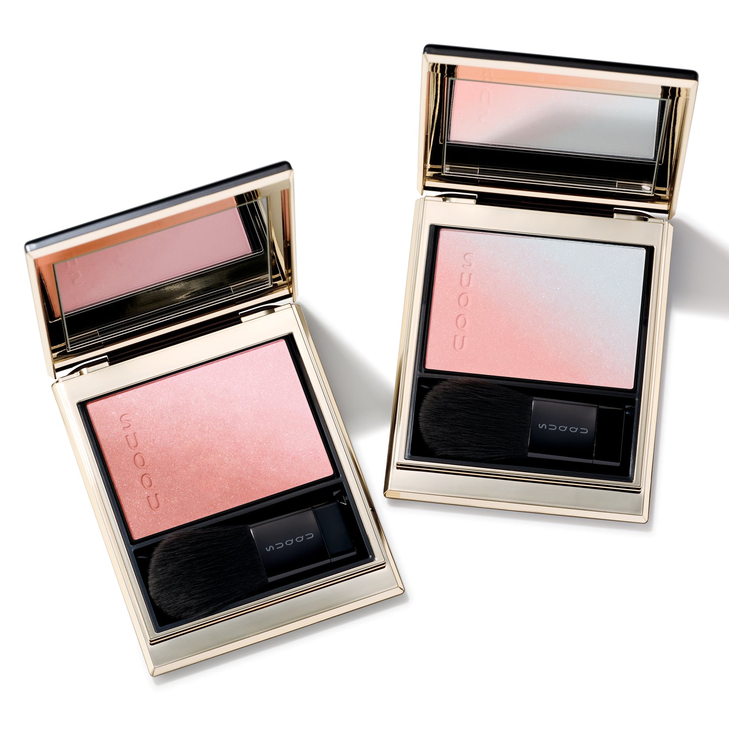 SUQQU Blurring Color Blush 07 & 08 palettes open in gorgeous pink and highlighter, coral pink and blue highlighter