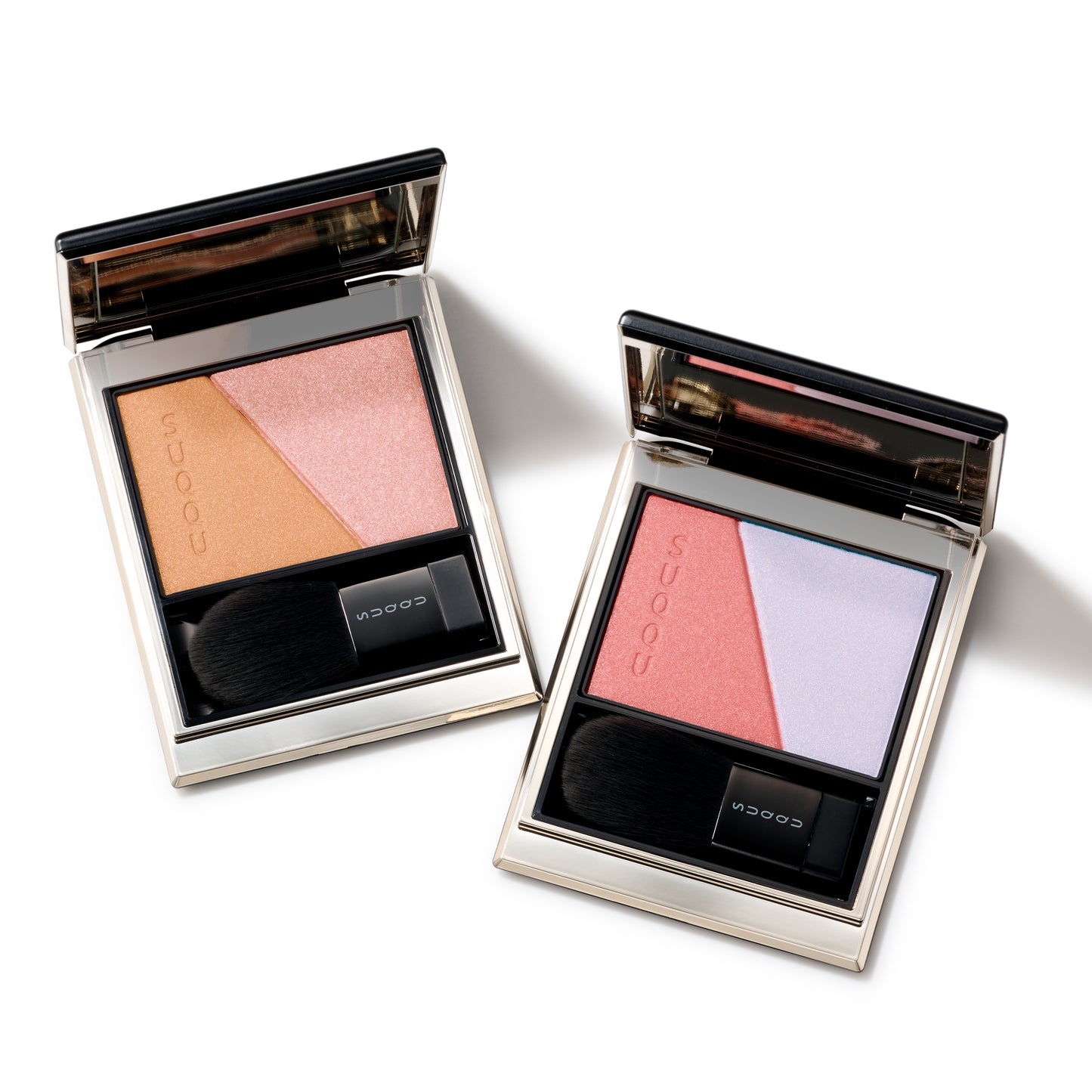 SUQQU Blurring Color Blush 110 and 111, two blush and highlighter palettes open on plain background