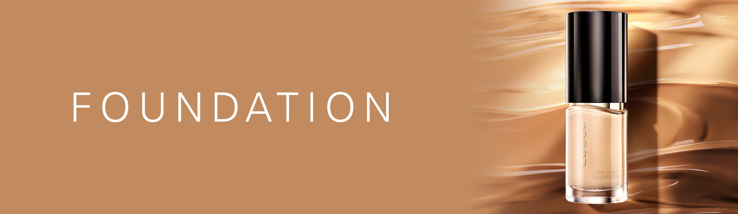 Foundation title with The Liquid Foundation product and liquid texture background