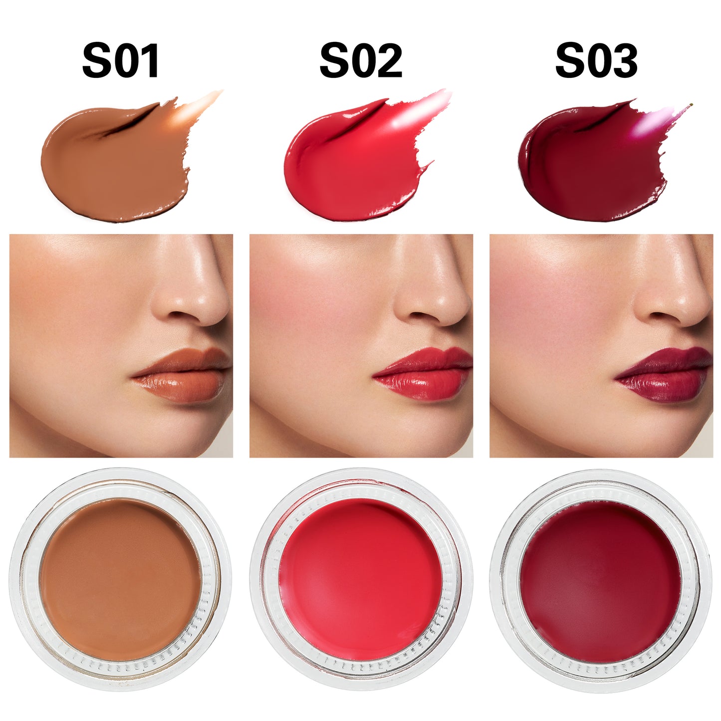 Three shades of SUQQU Cream Touch Blush and Lip S01, S02, S03 product with model lip colour swatch