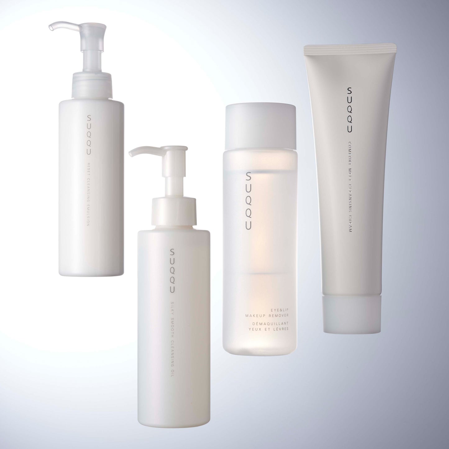 SUQQU Eye and Lip Makeup Remover and other SUQQU cleansing products on light background.