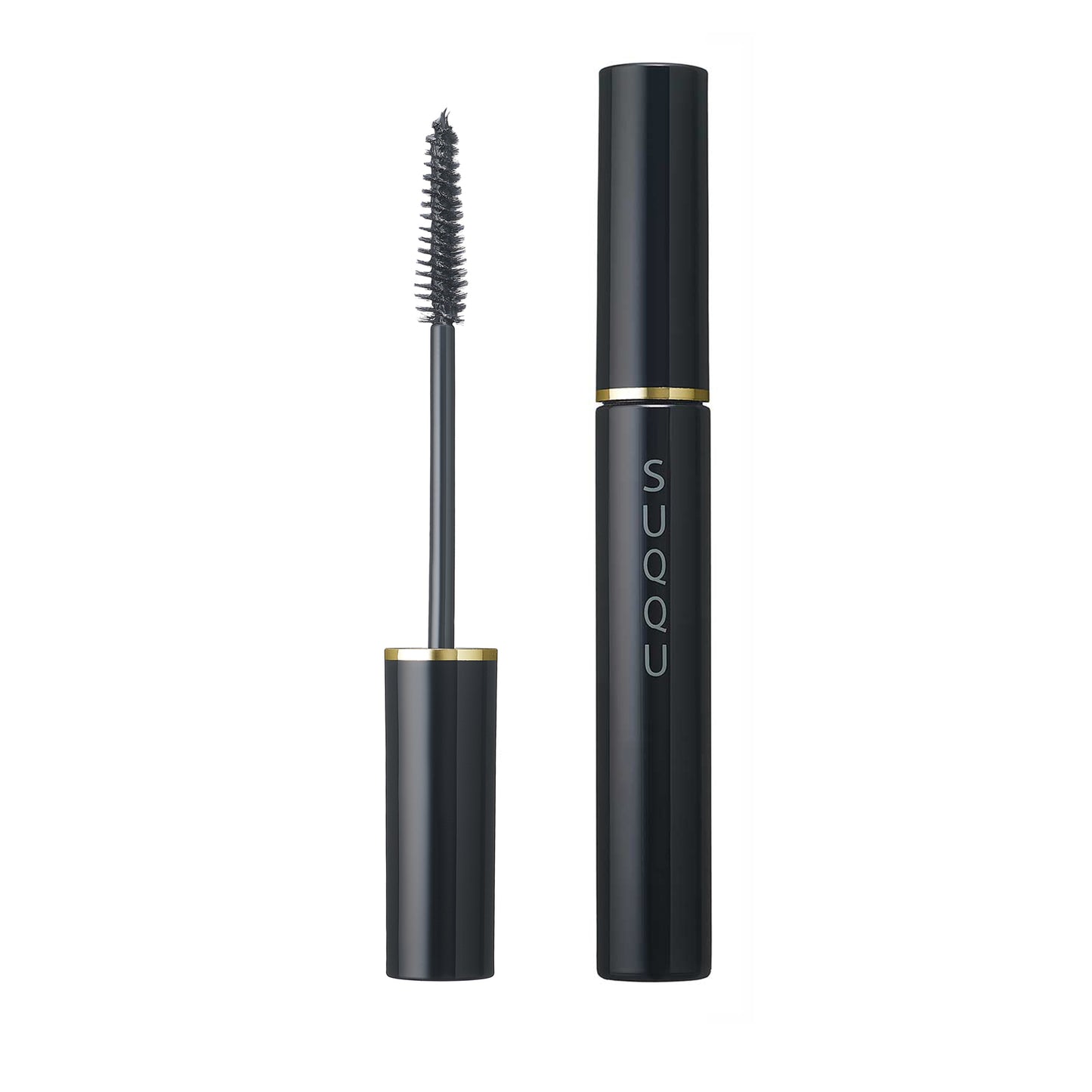 SUQQU Eyelash Mascara 01 Black eye make up product with open brush and closed on plain background.