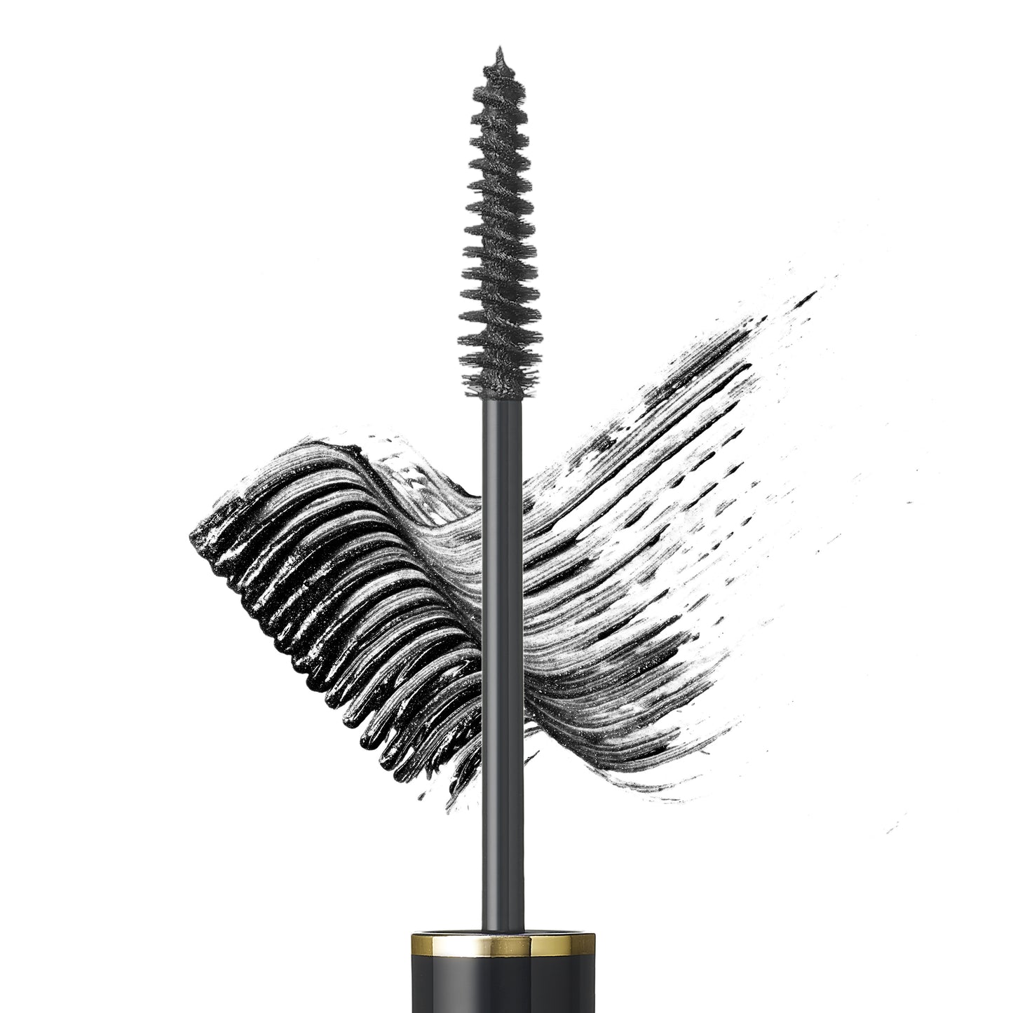 SUQQU Eyelash Mascara Black eye make up product with open brush and texture swatch on plain background.