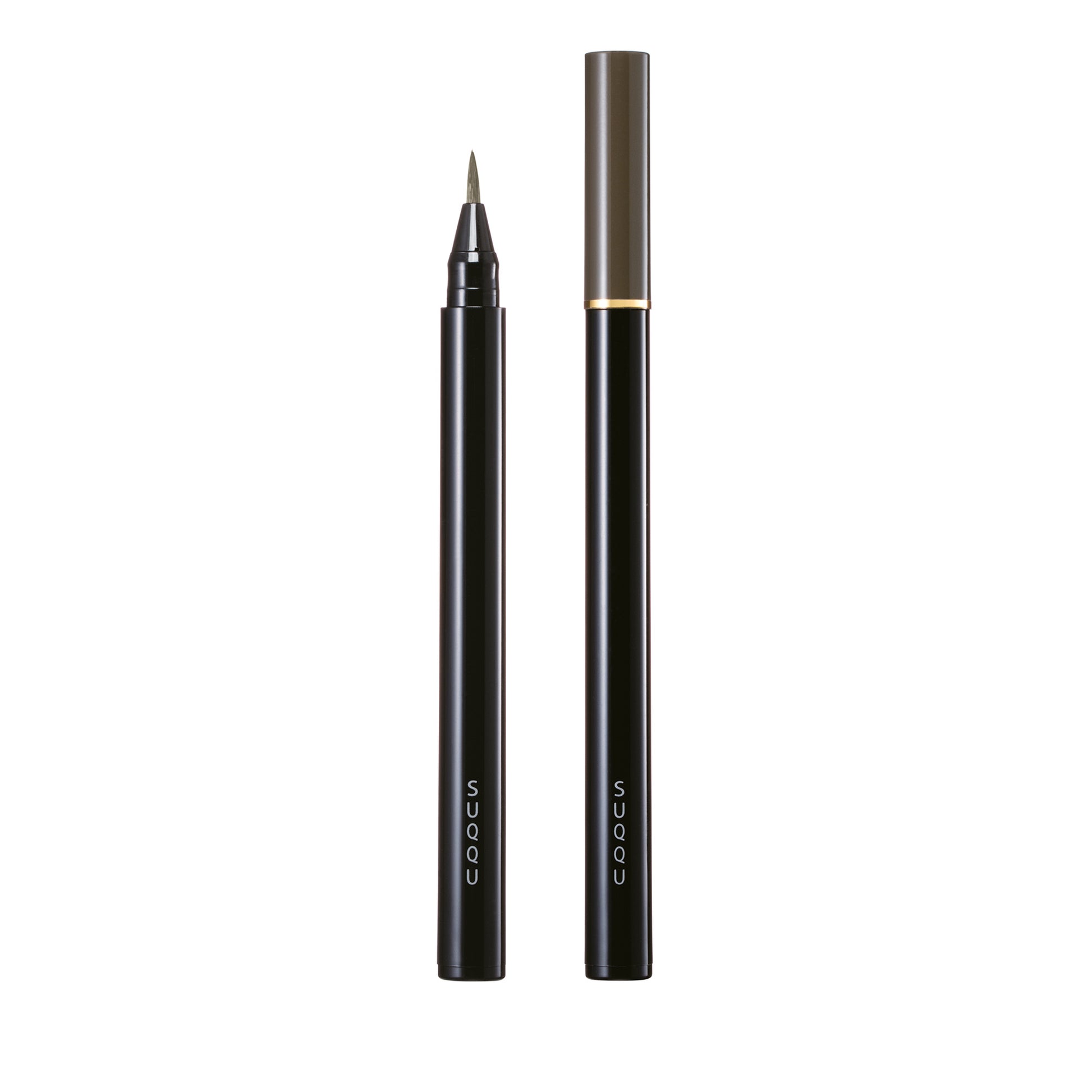 SUQQU Framing Eyebrow Liquid Pen 01 Khaki eyebrow make up product with cap on and off.