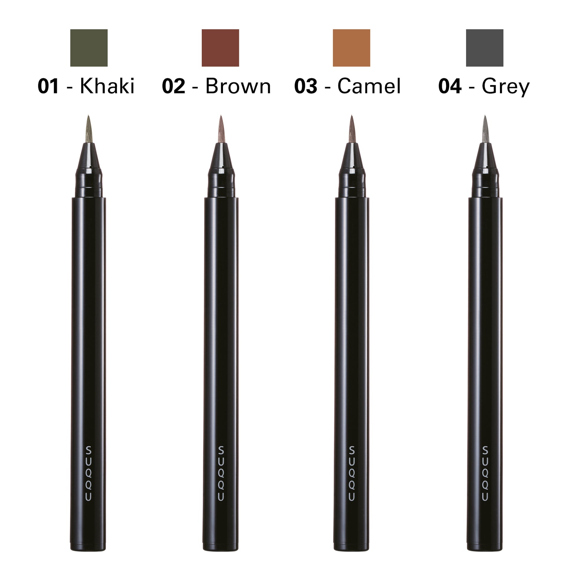 Four SUQQU Framing Eyebrow Liquid Pen products with shade guide. 01 Khaki, 02 Brown, 03 Camel, 04 Grey.