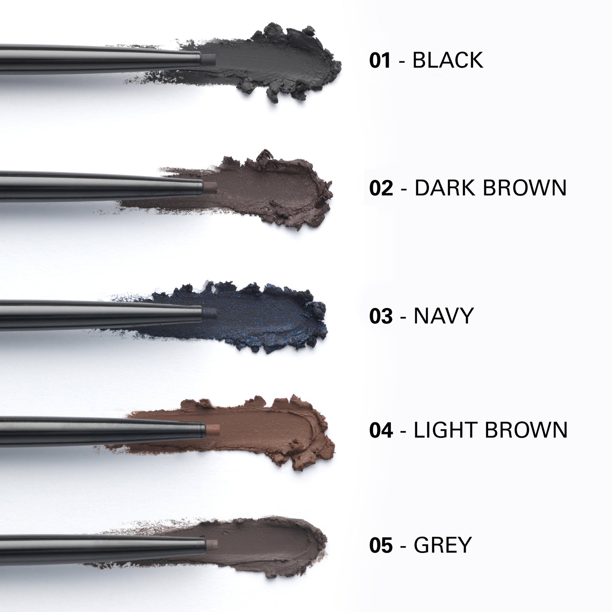 SUQQU Gel Eyeliner Pencils with swatches 01 Black, 02 Dark Brown, 03 Navy, 04 Light Brown, 05 Grey
