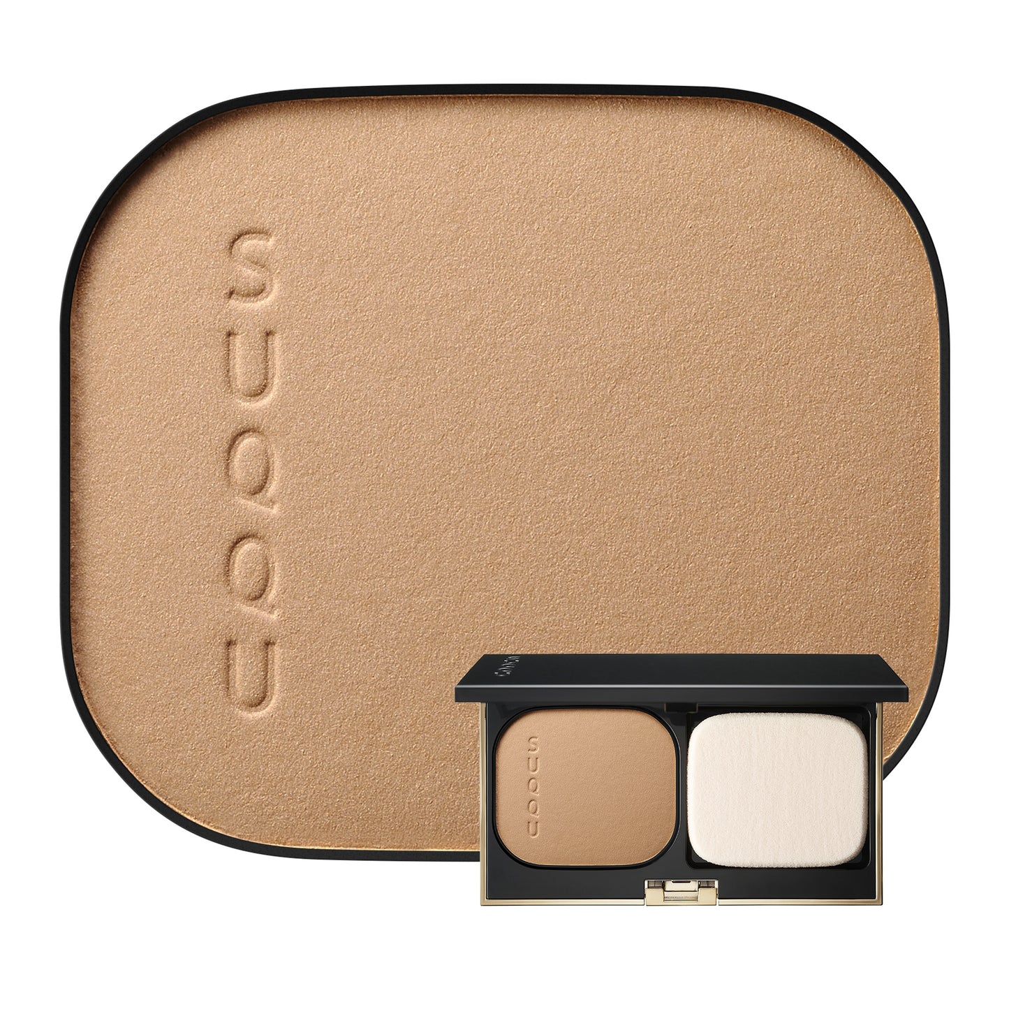 SUQQU Glow Powder Foundation Refill 040 base make up pan and compact shown on plain background.