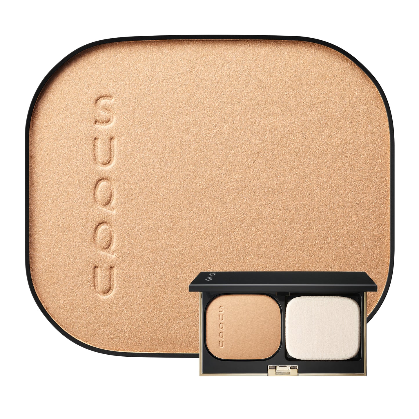 SUQQU Glow Powder Foundation Refill 120 base make up pan and compact shown on plain background.