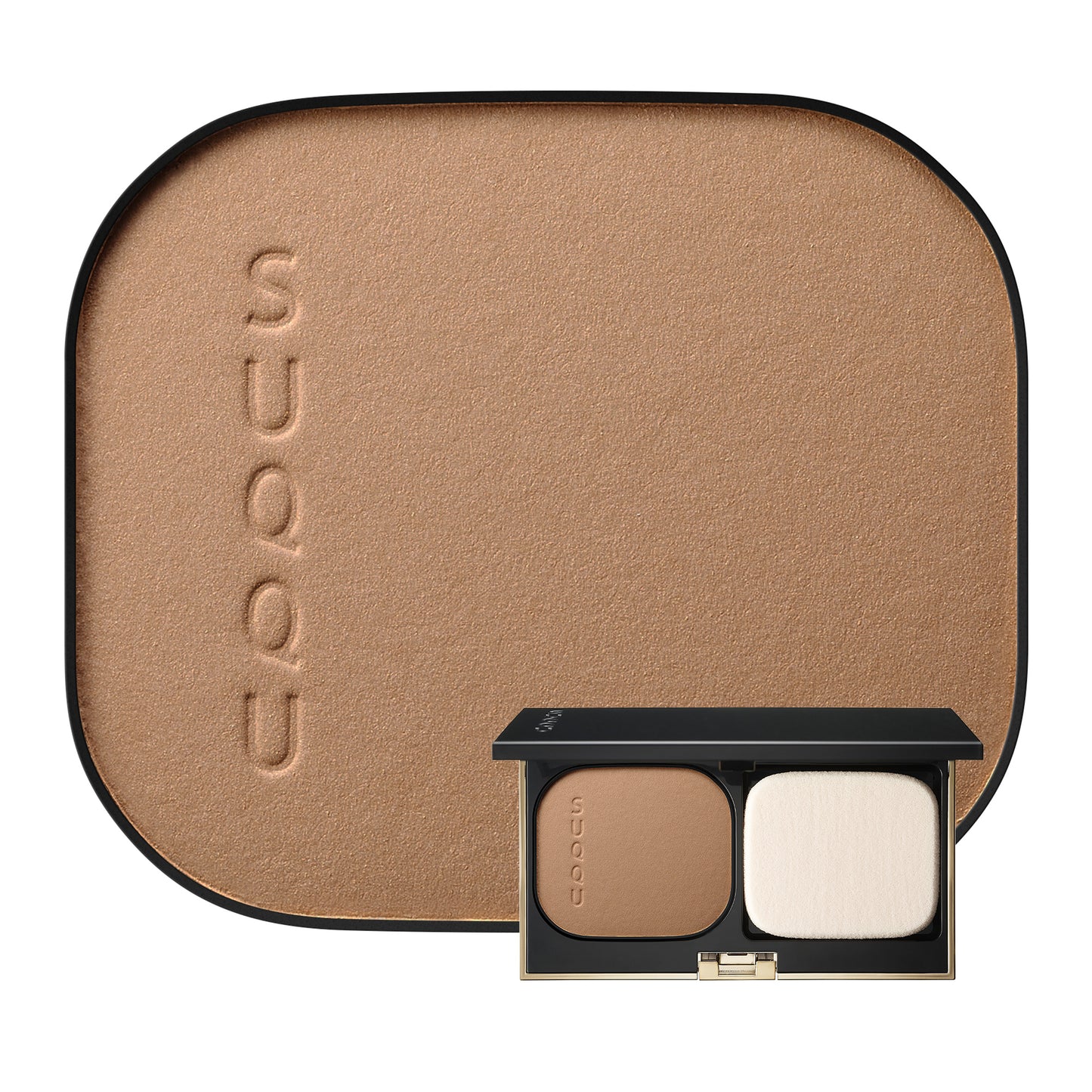 SUQQU Glow Powder Foundation Refill 160 base make up pan and compact shown on plain background.