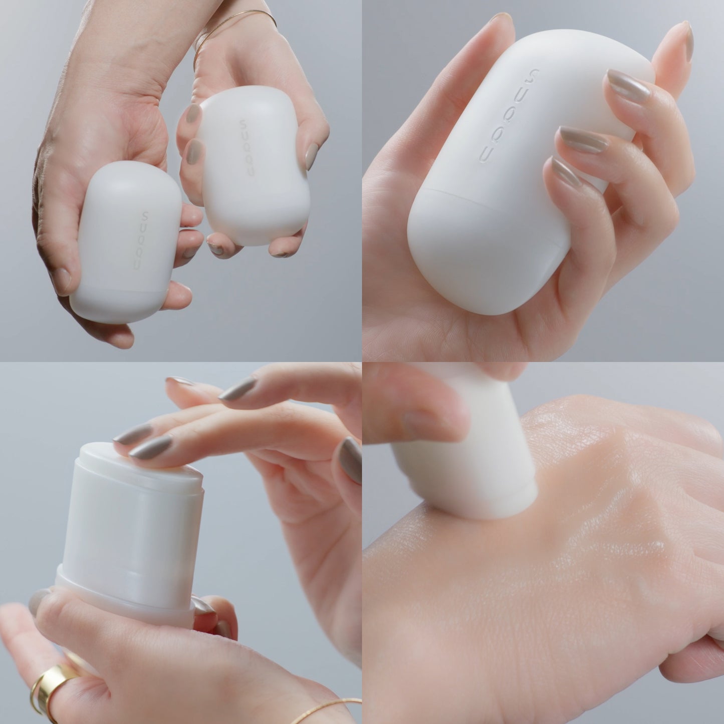 4 image grid of SUQQU Glowing Balm products with hands. Product shown being opened and applied to the back of a hand.