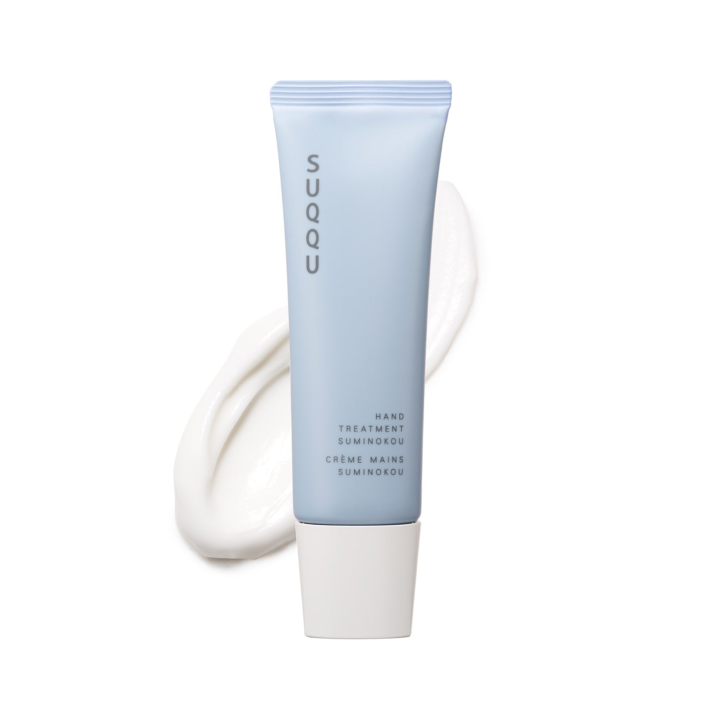 SUQQU Hand Treatment Suminokou Japanese scented moisturising hand cream with cream swatch on plain background.