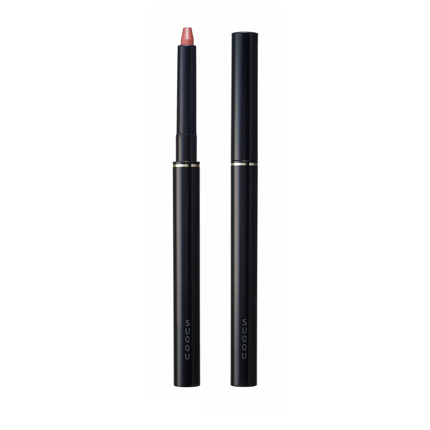 SUQQU Lip Defining Pencil 02 pink lip colour product on plain background with cap on and off.