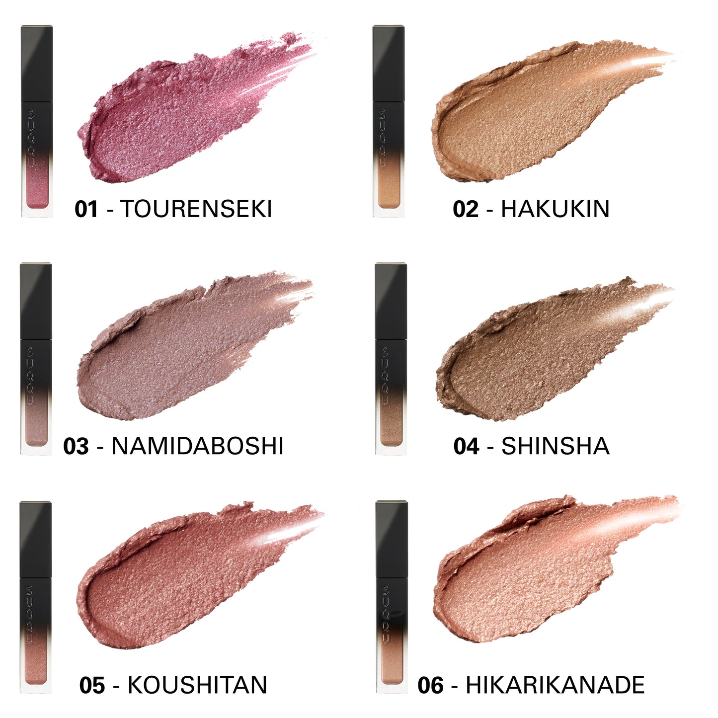 Six SUQQU Liquid Luster Eyes eyeshadow colour swatches with products. 01 Tourenseki, 2 Hakukin, 03 Namidaboshi, 04 Shinsha, 05 Koushitan, 06 Hikarikanade.