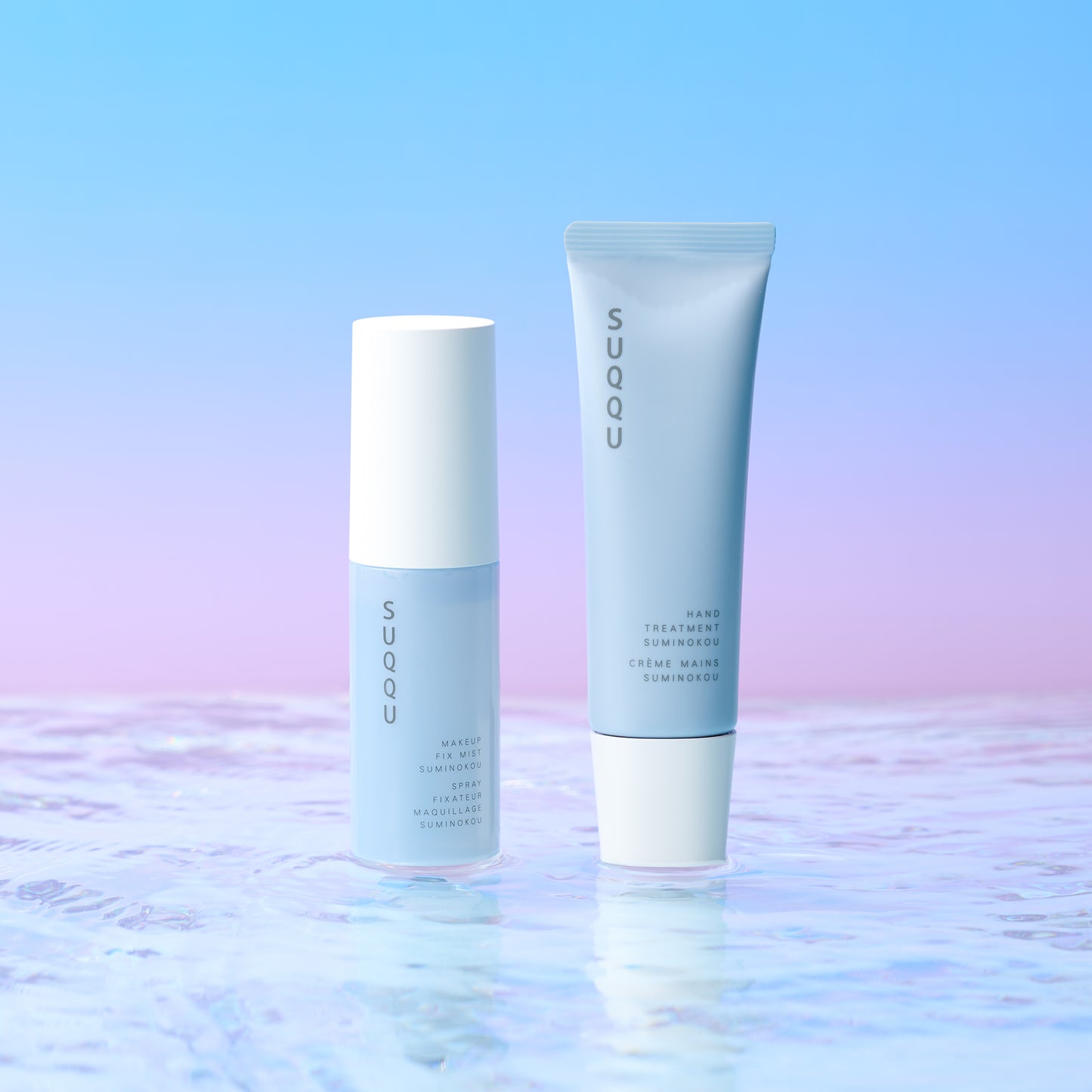 SUQQU Makeup Fix Mist & Hand Treatment Suminokou Japanese scented moisturising products on water ripple background.