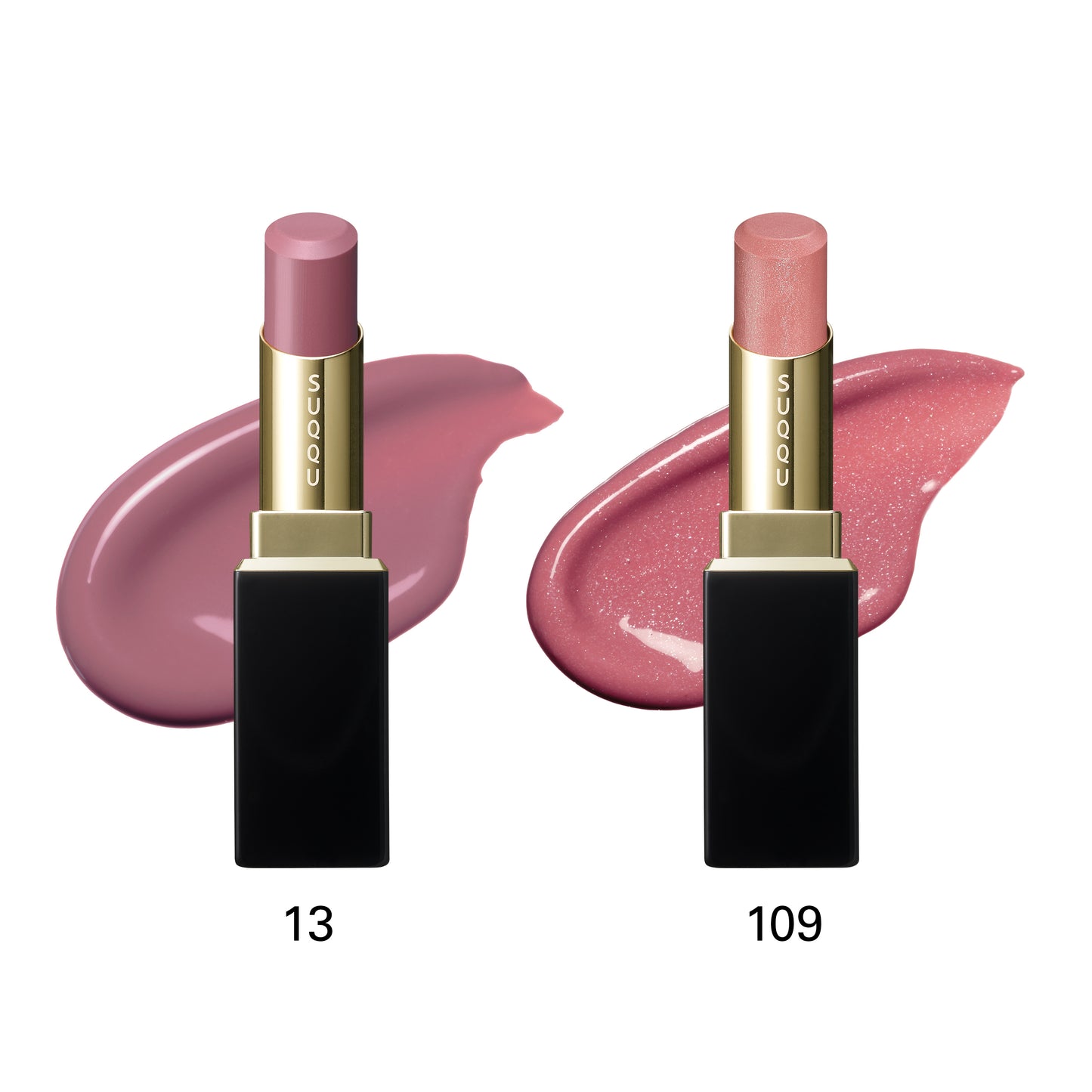 Two beautiful SUQQU Moisture Glaze Lipsticks in shades 13 and 109 open and shown with colour swatches in background
