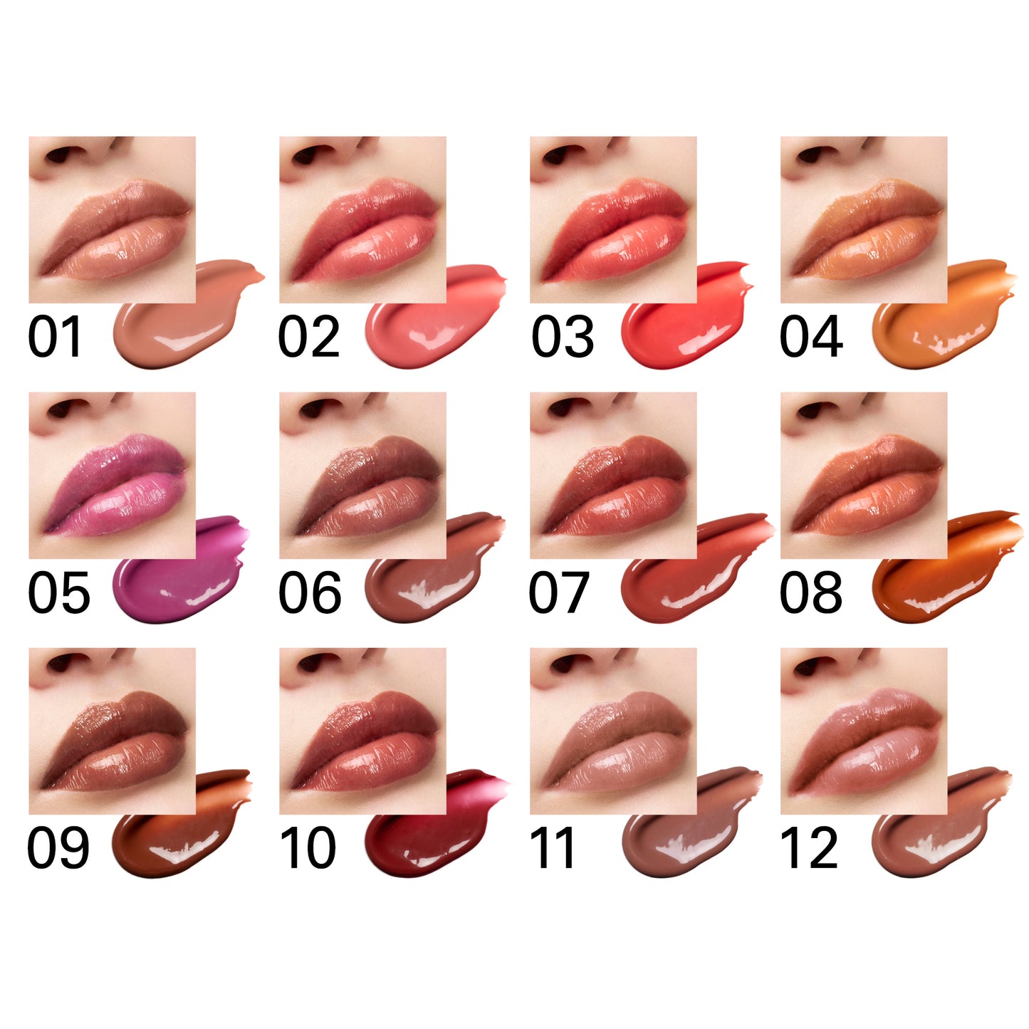 Twelve SUQQU Moisture Glaze Lipstick colour guide swatches with model lip close ups.