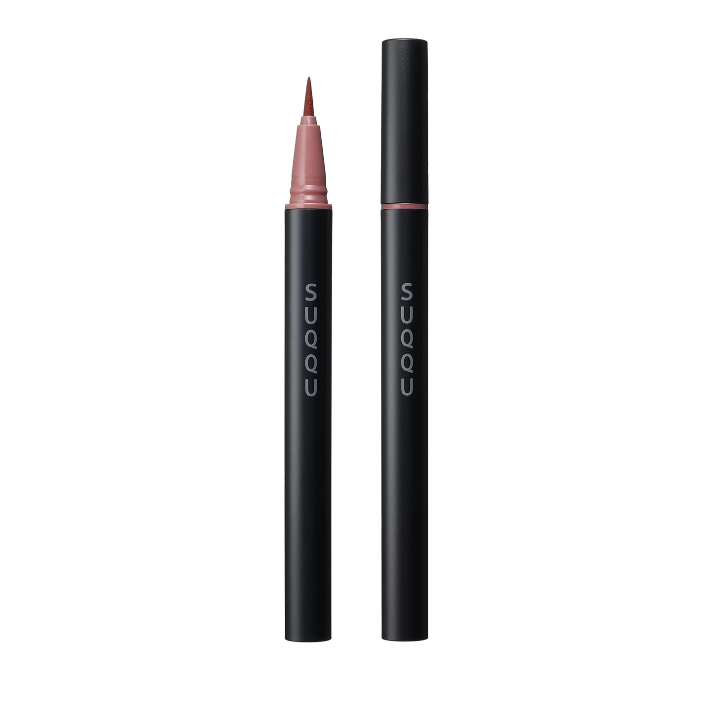 SUQQU Nuance Eyeliner Pen 04 Bordeaux make up eyeliner product on plain background showing cap on and off with felt tip.