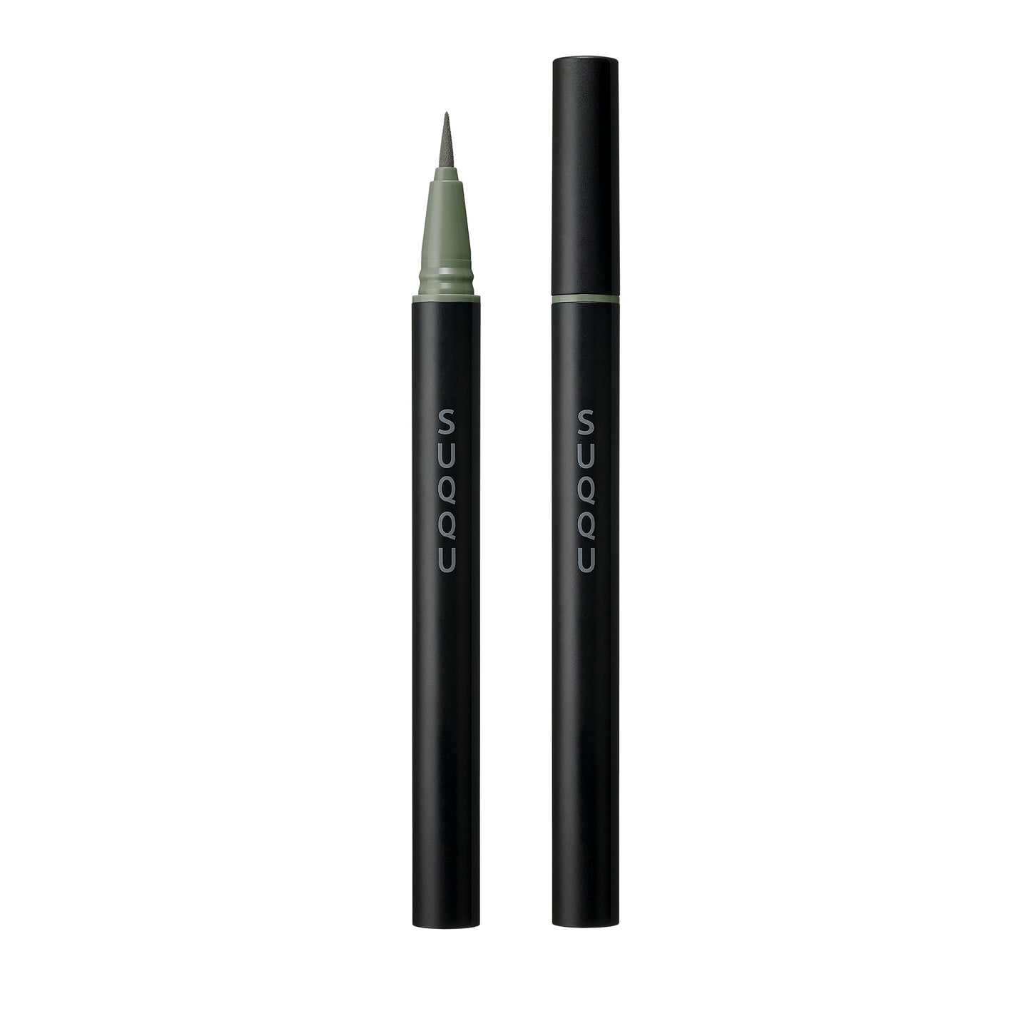 SUQQU Nuance Eyeliner Pen 112 Greyish Moss make up product with cap on and off