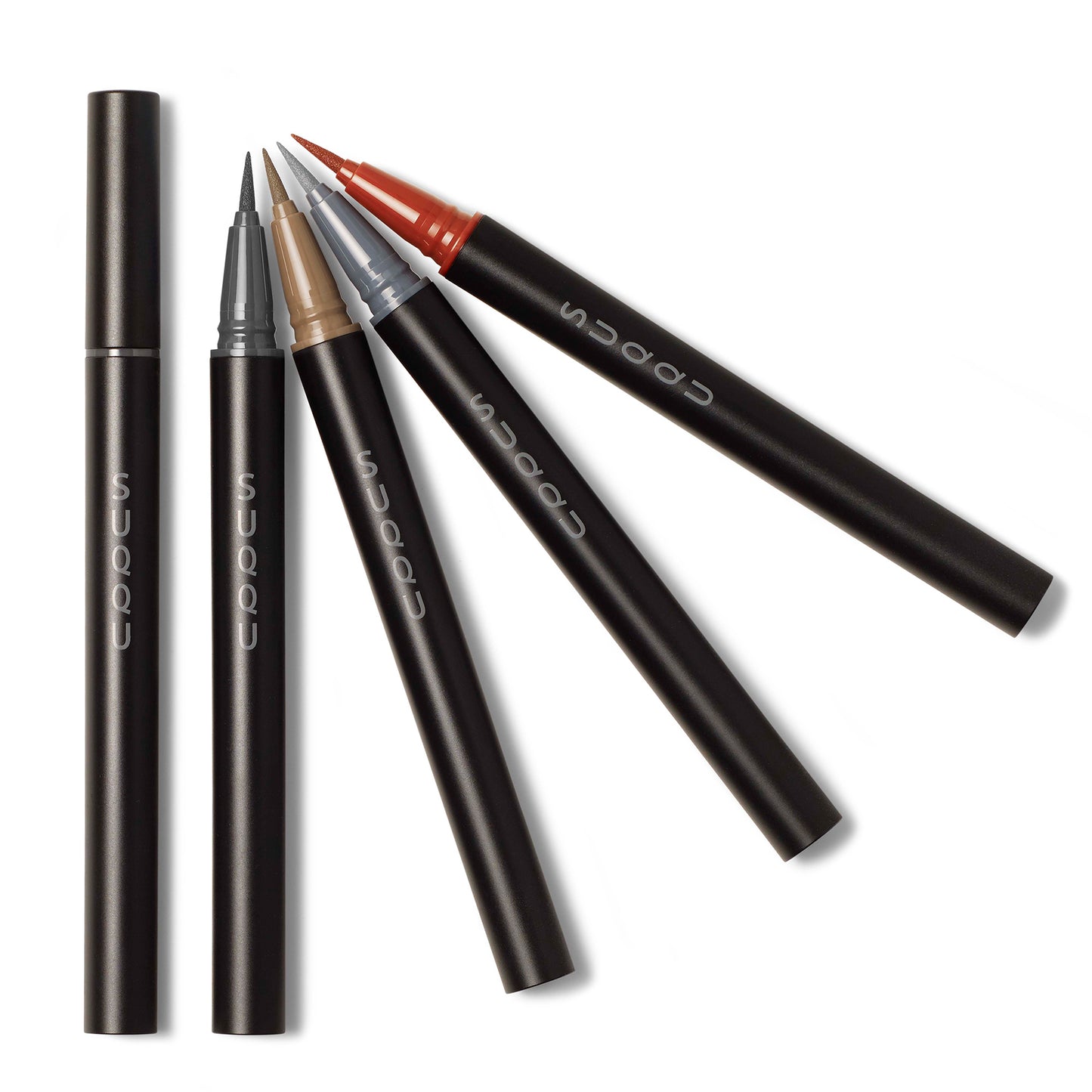 Four colourful shades of SUQQU Nuance Eyeliner Pen make up eyeliner product on plain background showing cap on and off with felt tips.
