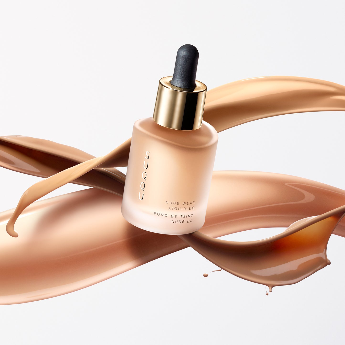SUQQU Nude Wear Liquid Foundation EX luxury finest Japanese moisturising foundation product on liquid texture background.