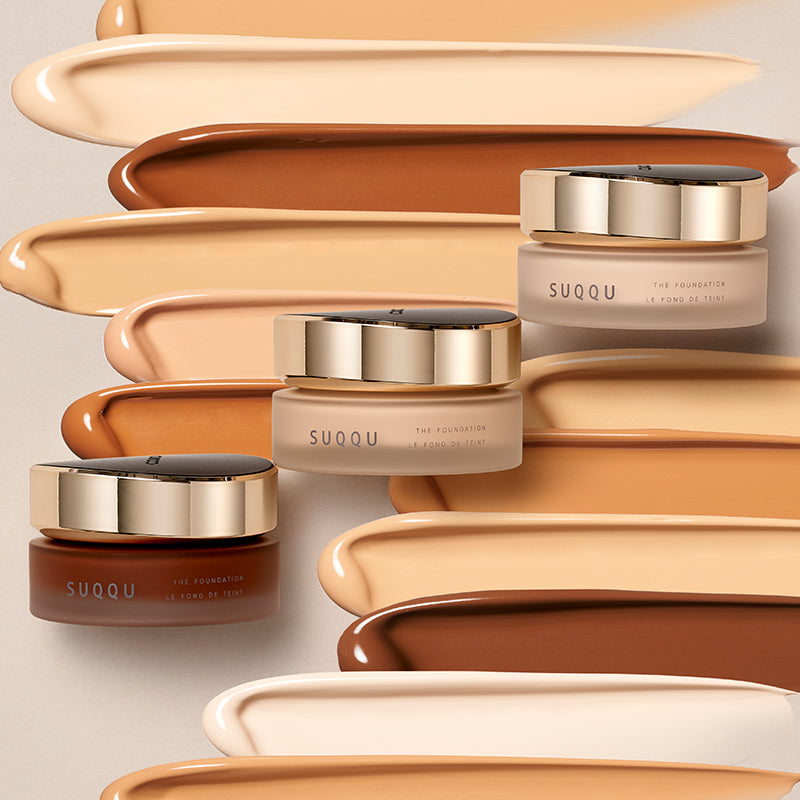 SUQQU foundation products with cream shade swatches