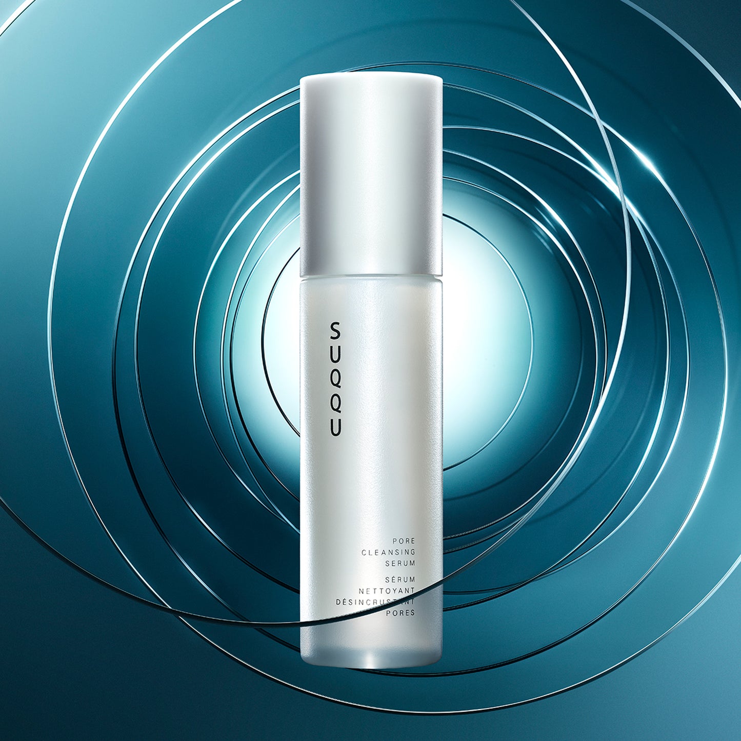 SUQQU Pore Cleansing Serum luxury Japanese moisturising deep cleansing face care product on spiral background.