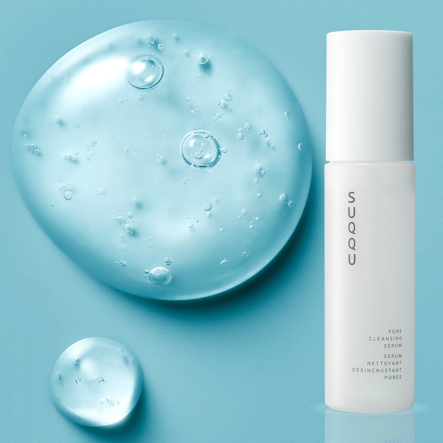 SUQQU Pore Cleansing Serum luxury Japanese moisturising deep cleansing face care product with texture swatch.