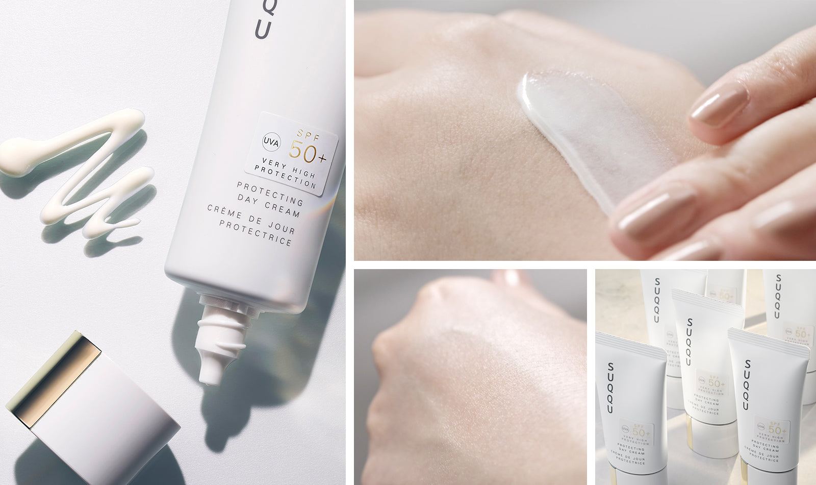 SUQQU Protecting Day Cream product tube open with creamy texture swatch. Product swatch applied to hand show it visible and invisible after blending. Multiple product tubes standing in a group in sunny light.