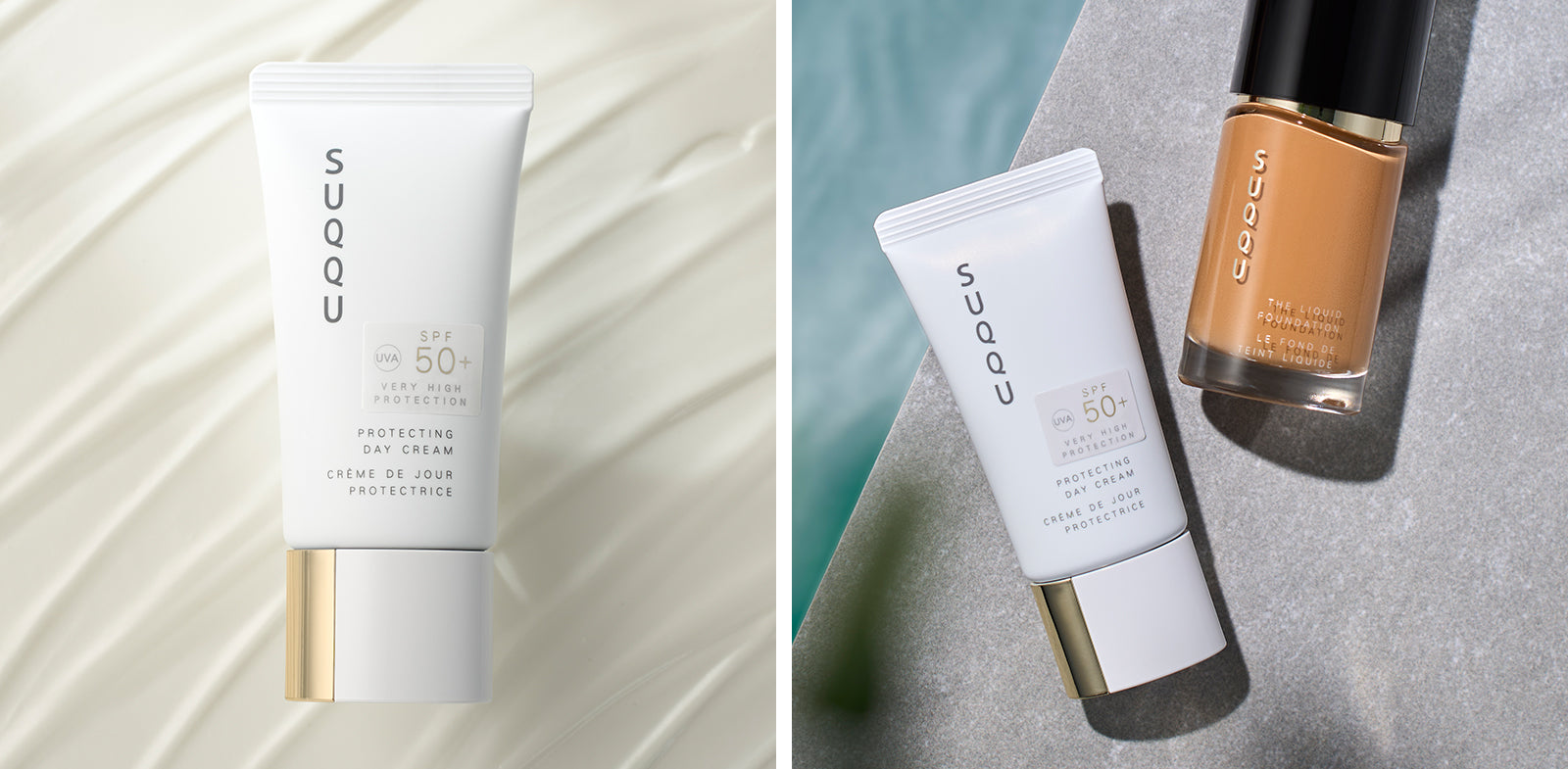 SUQQU Protecting Day Cream product tube on texture swatch background and product tube with foundation bottle next to pool.