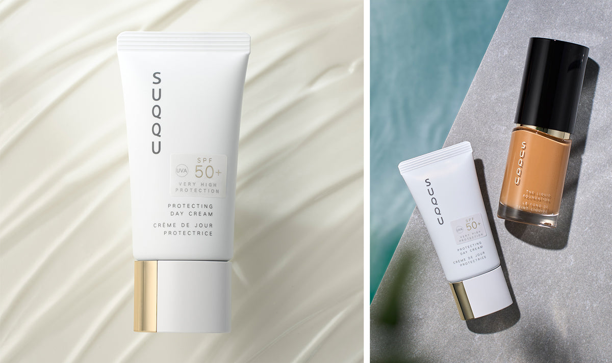 SUQQU Protecting Day Cream product tube on texture swatch background and product tube with foundation bottle next to pool.
