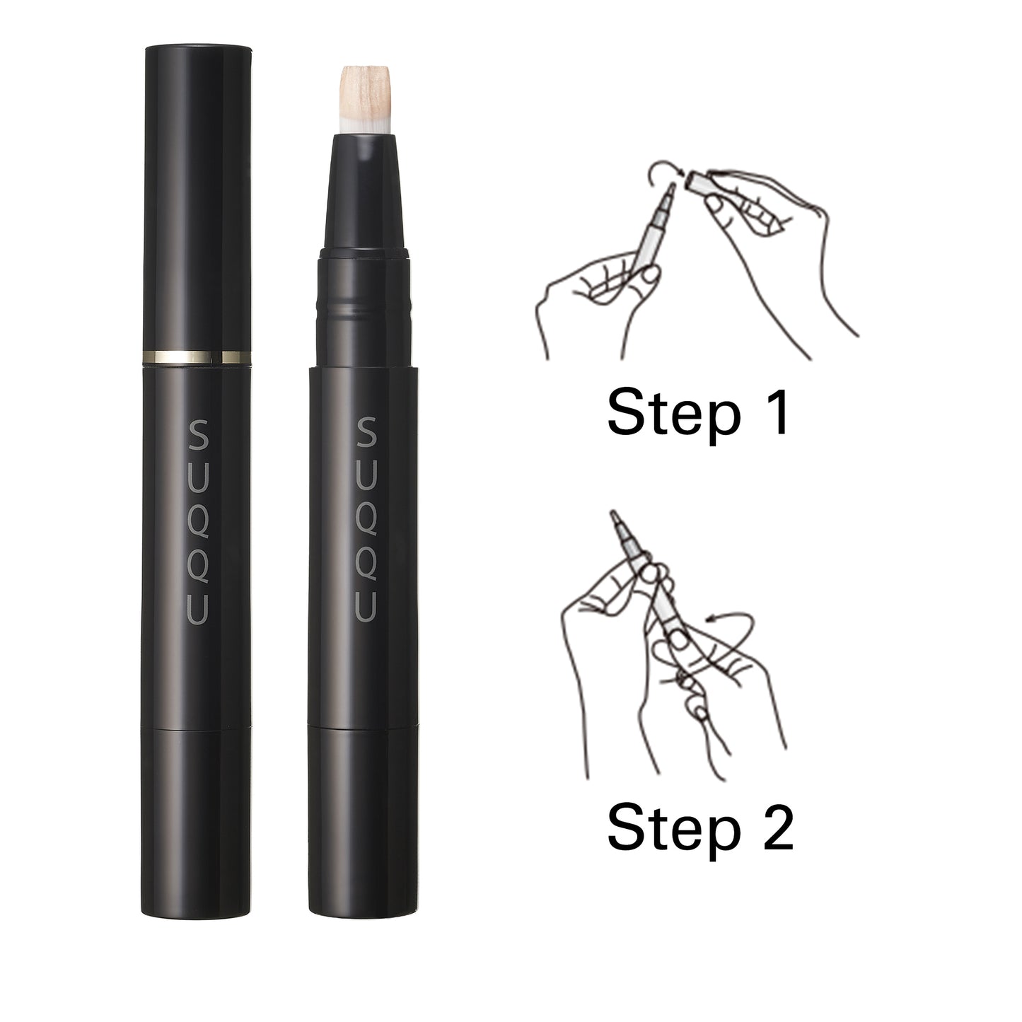 SUQQU Radiant Cream Concealer base make up product on plain background with two step usage guide to open lid and twist.