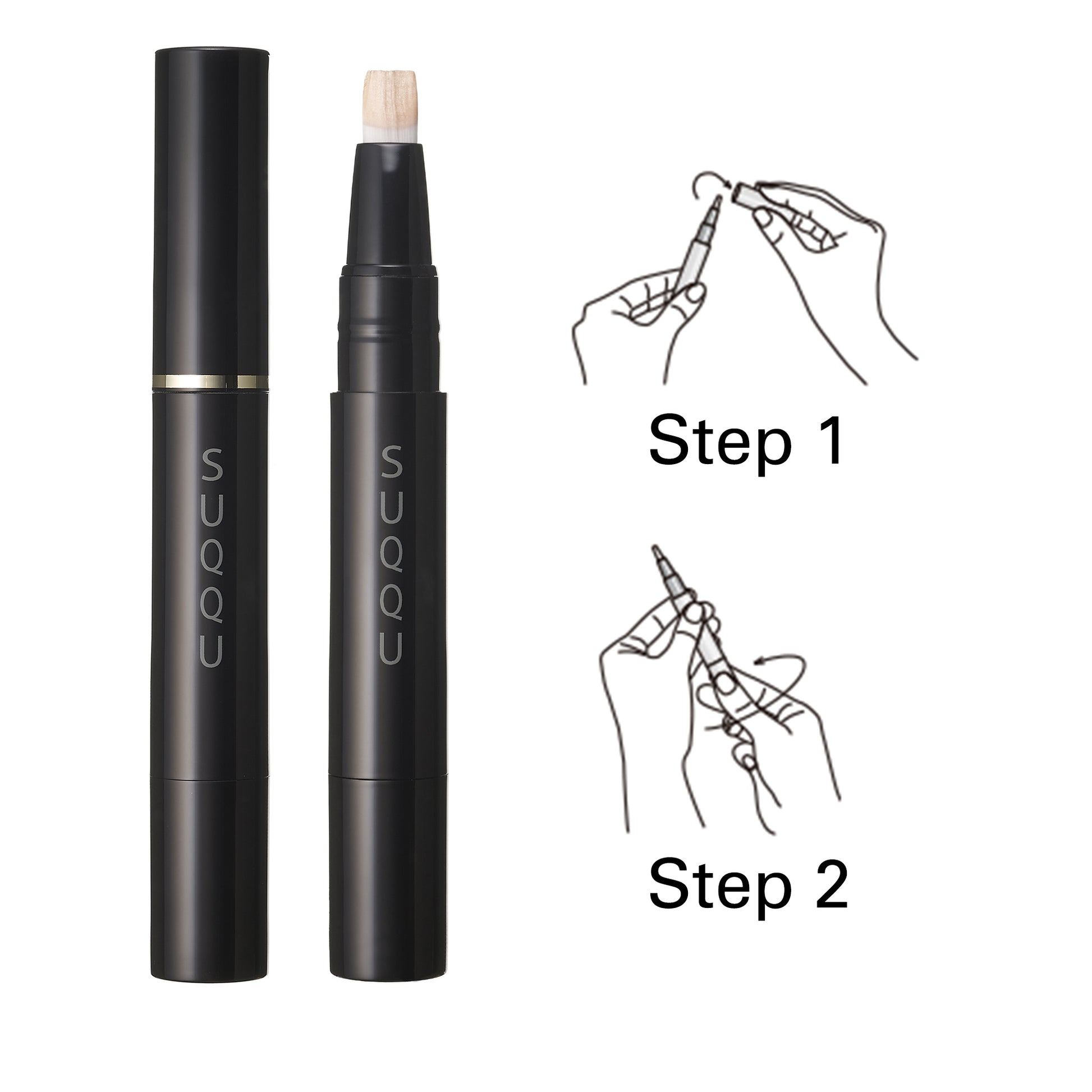 SUQQU Radiant Cream Concealer base make up product on plain background with two step usage guide to open lid and twist.