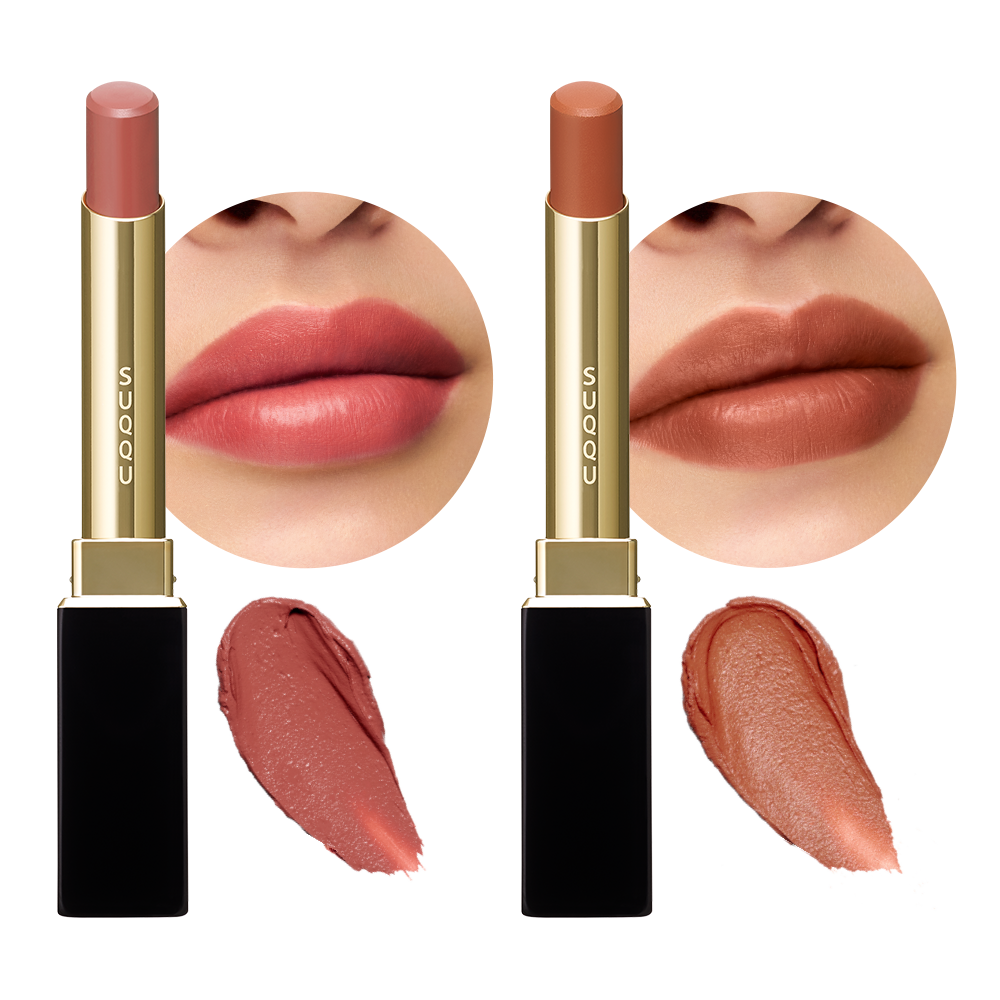 SUQQU Velvet Fit Lipstick products with swatches