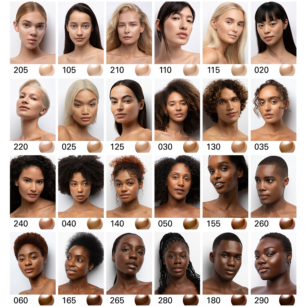 Grid of 24 models wearing various foundation colour shades