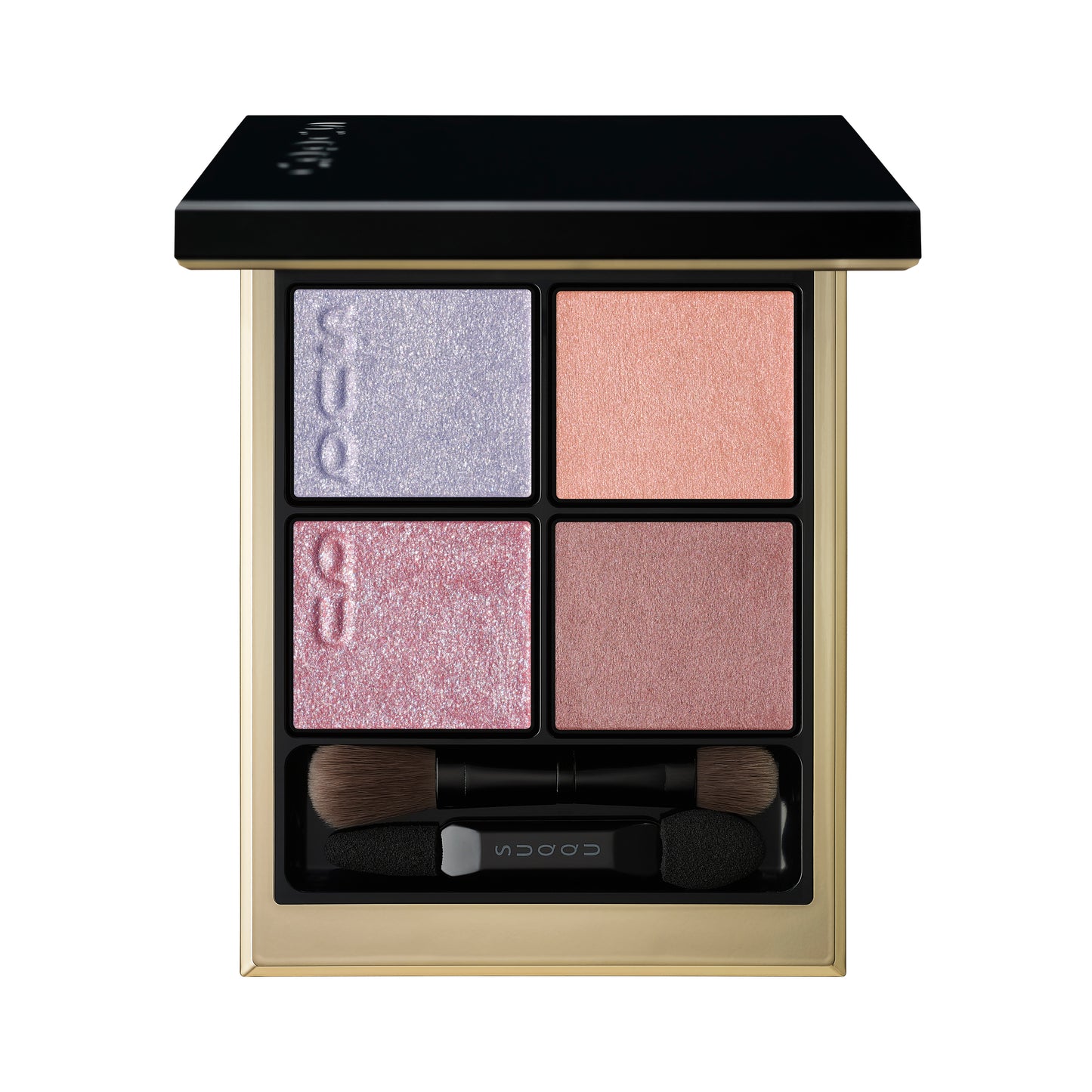 SUQQU Signature Color Eyes 155 quad eyeshadow palette open in beautiful coral, blue and purple. Discover the best eyeshadows from Japan with luxury skincare ingredients and finest shimmers.