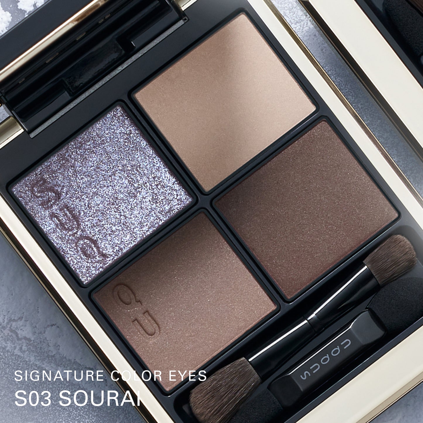 SUQQU Winter Collection 2025 Signature Color Eyes S03 Sourai eyeshadow palette on frosted background.