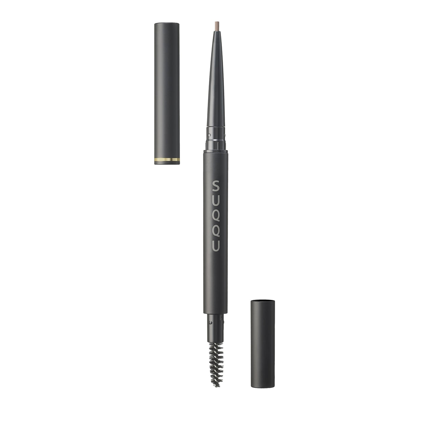 SUQQU Smooth Eyebrow Pencil Refill holder and lids open showing brush on plain background.