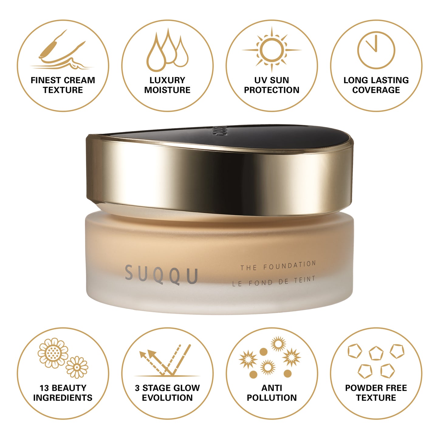 SUQQU The Foundation luxury moisturising Japanese cream base make up jar with benefit icons.