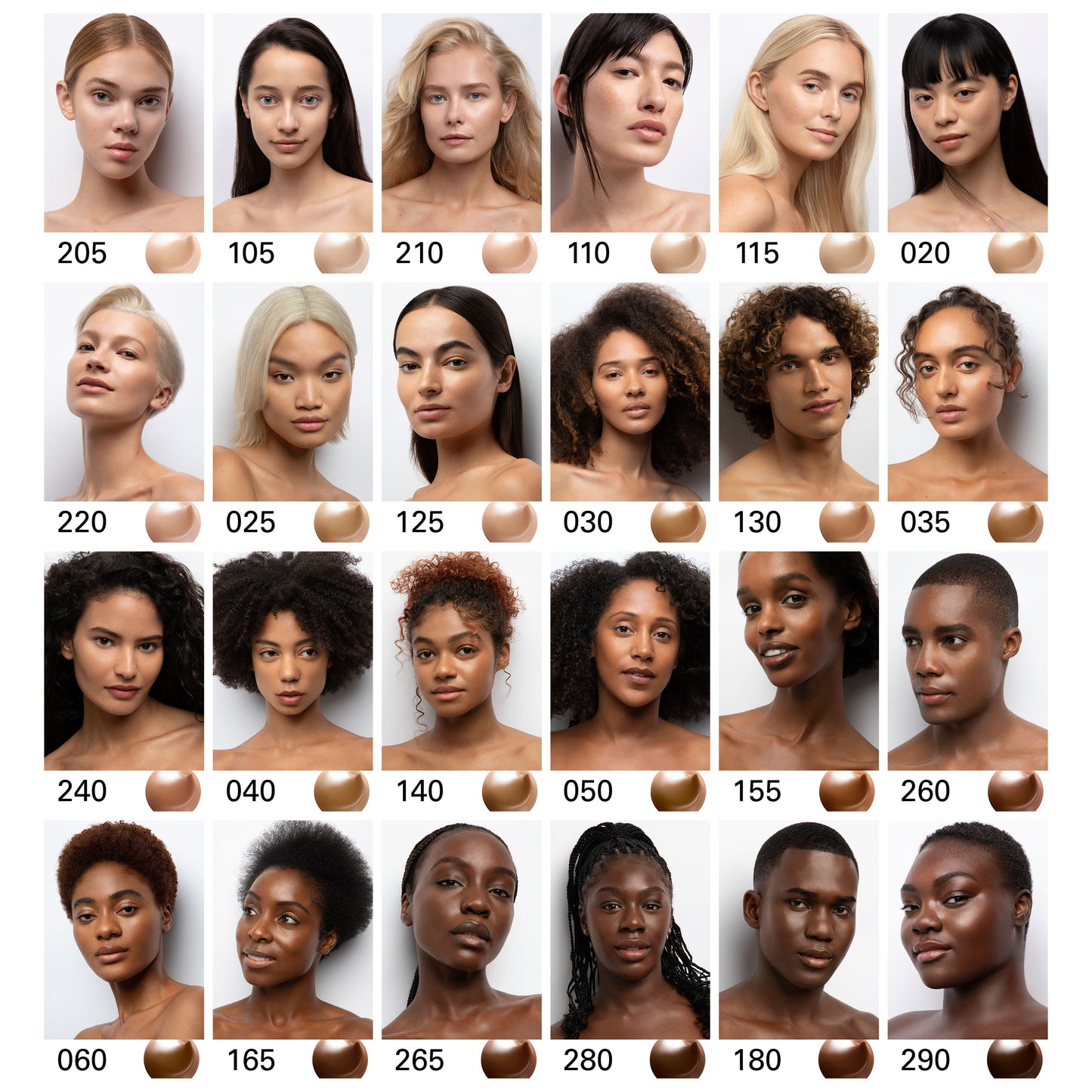 SUQQU The Foundation luxury moisturising Japanese cream base shade guide with 24 model portraits.