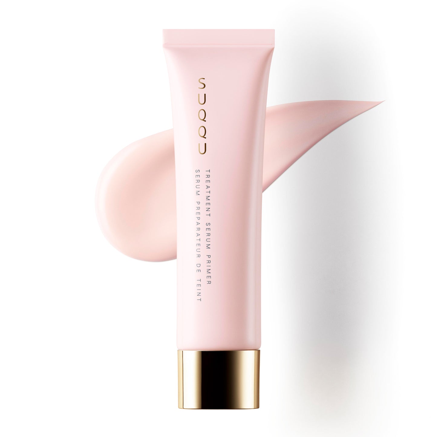 SUQQU Treatment Serum Primer base make up product tube on plain background with texture swatch.