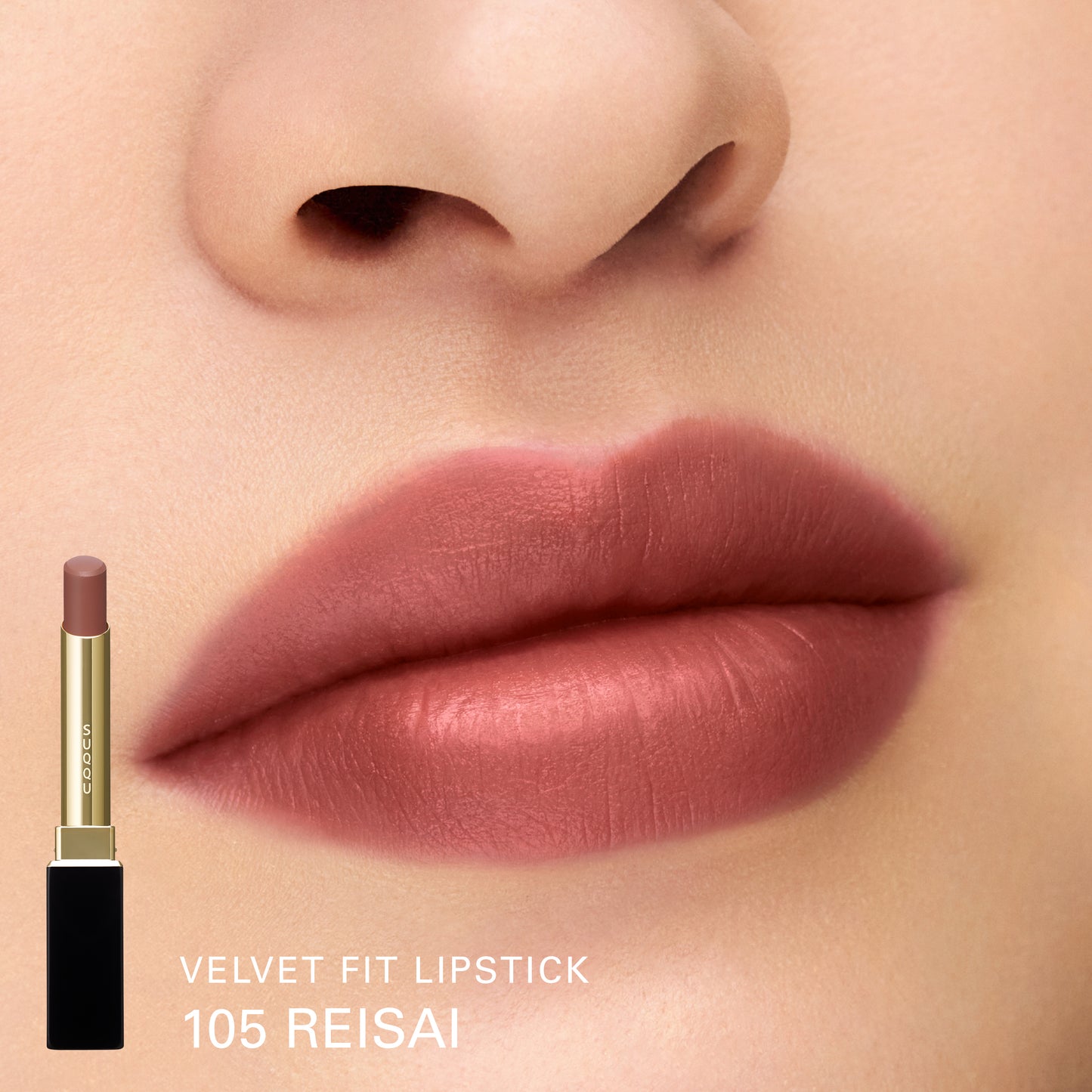 SUQQU Winter Collection 2025 Velvet Fit Lipstick 105 Reisai product open showing colour and model lip colour close up swatch background.