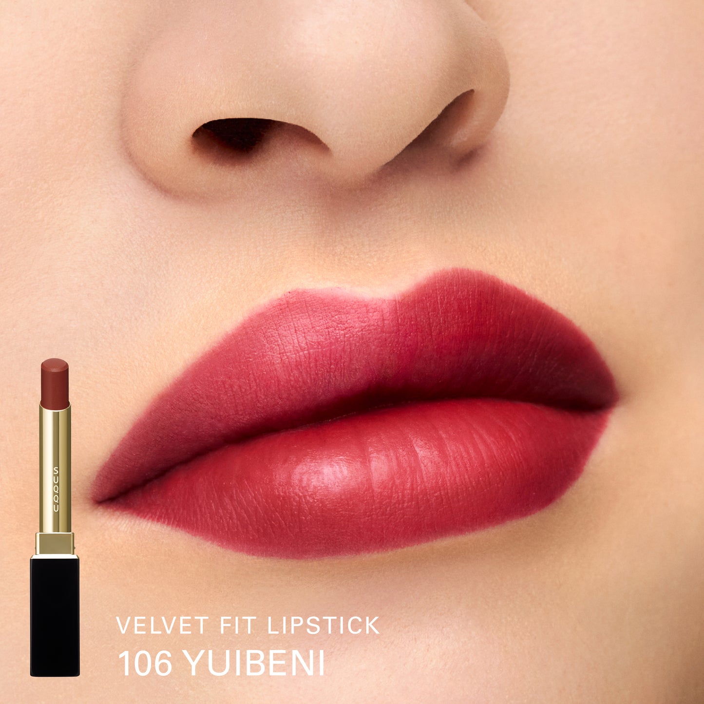SUQQU Winter Collection 2025 Velvet Fit Lipstick 106 Yuibeni product open showing colour and model lip colour close up swatch background.