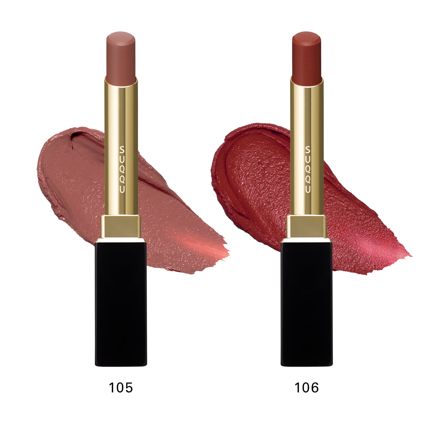SUQQU Winter Collection 2025 Velvet Fit Lipstick 105 and 106 red and red beige lipsticks with colour swatch in the background.