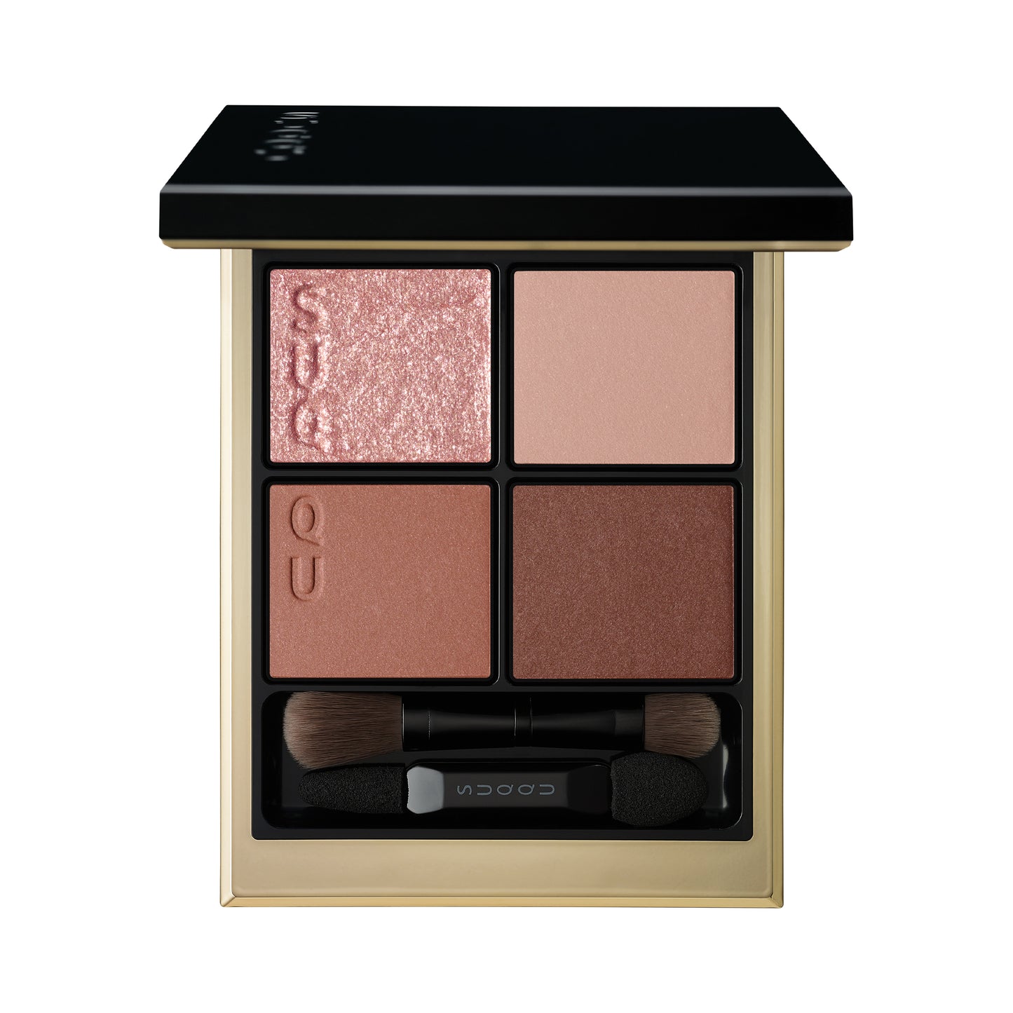 SUQQU Winter Collection 2025 Signature Color Eyes S02 brown pink toned eyeshadow palette open on plain background.