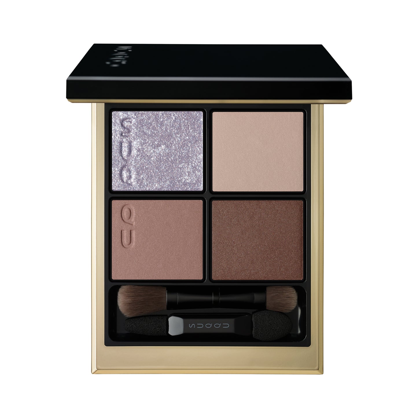 SUQQU Winter Collection 2025 Signature Color Eyes S02 brown blue toned eyeshadow palette open on plain background.