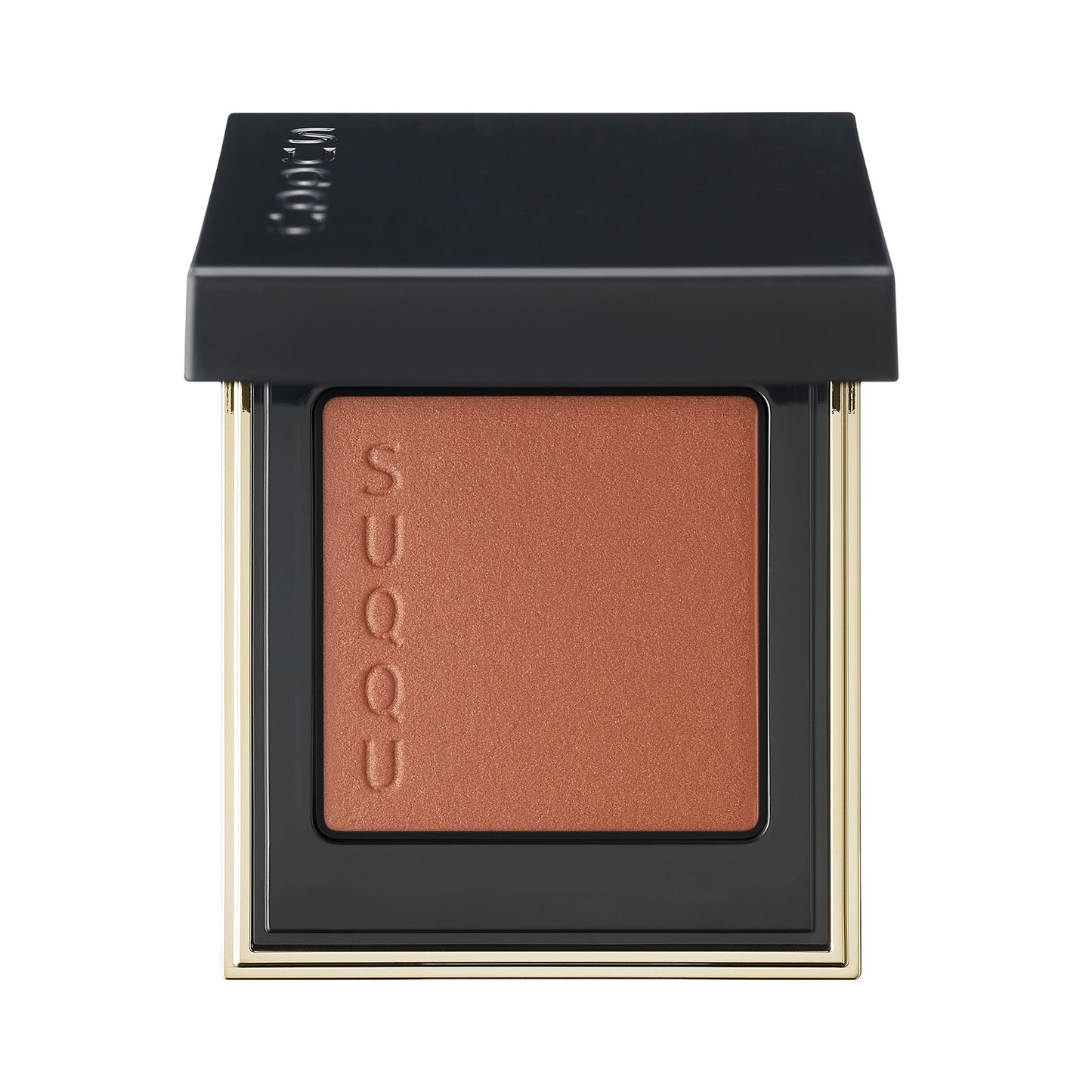 SUQQU Tone Touch Eyes 01 copper brown single eyeshadow palette product with palette lid open on plain background.